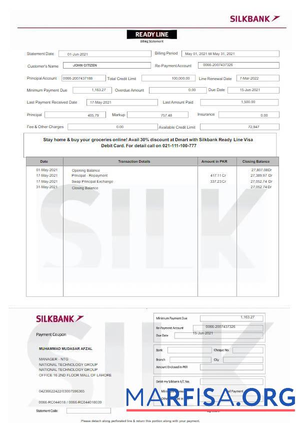 Downloadable Pakistan Silkbank statement word download for verification